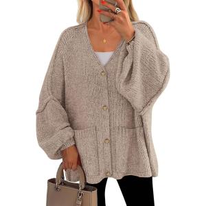 imagePRETTYGARDEN Fall Chunky Cardigan Sweaters for Women 2025 Button Long Lantern Sleeve Knit Oversized Coats with PocketsLight Khaki