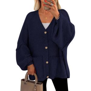 imagePRETTYGARDEN Fall Chunky Cardigan Sweaters for Women 2025 Button Long Lantern Sleeve Knit Oversized Coats with PocketsNavy