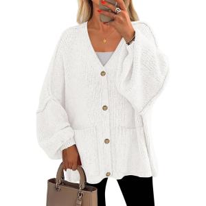 imagePRETTYGARDEN Fall Chunky Cardigan Sweaters for Women 2025 Button Long Lantern Sleeve Knit Oversized Coats with PocketsWhite
