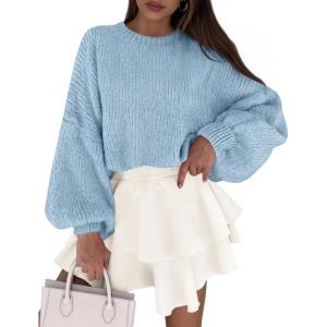 imagePRETTYGARDEN Sweaters for Women 2025 Fall Chunky Knit Long Sleeve Crew Neck Oversized Pullover Tops Winter Fashion ClothingLight Blue