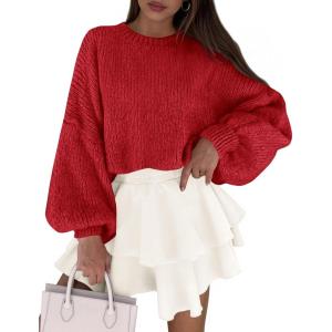 imagePRETTYGARDEN Sweaters for Women 2025 Fall Chunky Knit Long Sleeve Crew Neck Oversized Pullover Tops Winter Fashion ClothingRed