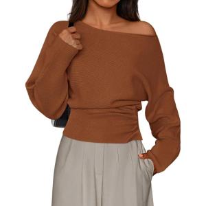 imagePRETTYGARDEN Women Off The Shoulder Sweater 2025 Fall Trendy Long Batwing Sleeve Knit Pullover Going Out Tops Winter ClothingCaramel