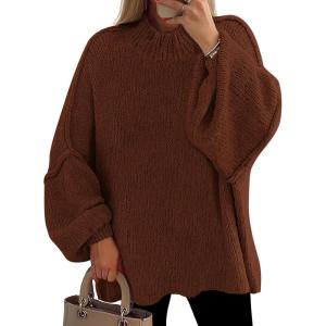 imagePRETTYGARDEN Womens 2025 Fall Oversized Sweaters Chunky Knit Mock Neck Long Sleeve Casual Trendy Pullover Winter ClothesCaramel