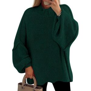 imagePRETTYGARDEN Womens 2025 Fall Oversized Sweaters Chunky Knit Mock Neck Long Sleeve Casual Trendy Pullover Winter ClothesDark Green