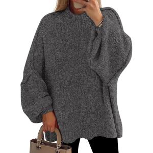 imagePRETTYGARDEN Womens 2025 Fall Oversized Sweaters Chunky Knit Mock Neck Long Sleeve Casual Trendy Pullover Winter ClothesGrey