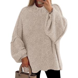 imagePRETTYGARDEN Womens 2025 Fall Oversized Sweaters Chunky Knit Mock Neck Long Sleeve Casual Trendy Pullover Winter ClothesLight Khaki