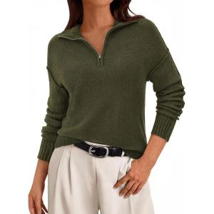 imagePRETTYGARDEN Womens Quarter Zip Pullover V Neck Fall Sweaters 2025 Long Sleeve Tops Collared Sweater Knit Winter ClothingArmy Green