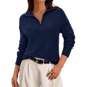 imagePRETTYGARDEN Womens Quarter Zip Pullover V Neck Fall Sweaters 2025 Long Sleeve Tops Collared Sweater Knit Winter ClothingNavy Blue