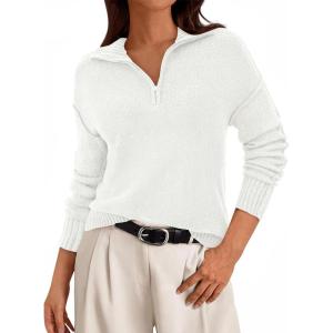 imagePRETTYGARDEN Womens Quarter Zip Pullover V Neck Fall Sweaters 2025 Long Sleeve Tops Collared Sweater Knit Winter ClothingWhite
