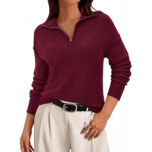 imagePRETTYGARDEN Womens Quarter Zip Pullover V Neck Fall Sweaters 2025 Long Sleeve Tops Collared Sweater Knit Winter ClothingWine Red