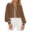 imagePRETTYGARDEN Womens Long Sleeve Button Down Shirts 2025 Trendy V Neck Loose Fit Fall Tops Collared Dressy Casual BlousesBrown