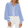 imagePRETTYGARDEN Womens Long Sleeve Button Down Shirts 2025 Trendy V Neck Loose Fit Fall Tops Collared Dressy Casual BlousesLight Blue
