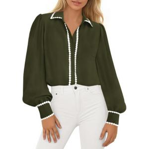 imagePRETTYGARDEN Womens Long Sleeve Button Down Shirts 2025 Trendy V Neck Loose Fit Fall Tops Collared Dressy Casual BlousesArmy Green