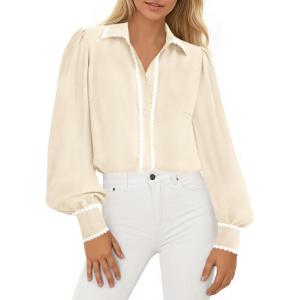 imagePRETTYGARDEN Womens Long Sleeve Button Down Shirts 2025 Trendy V Neck Loose Fit Fall Tops Collared Dressy Casual BlousesBeige
