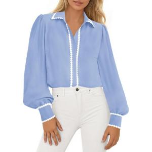 imagePRETTYGARDEN Womens Long Sleeve Button Down Shirts 2025 Trendy V Neck Loose Fit Fall Tops Collared Dressy Casual BlousesLight Blue