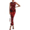 imagePRETTYGARDEN Wedding Guest Dresses for Women 2025 Summer Spring Floral Bodycon Sleeveless Mesh Maxi Long DressBlack Red Flower