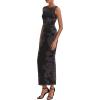 imagePRETTYGARDEN Wedding Guest Dresses for Women 2025 Summer Spring Floral Bodycon Sleeveless Mesh Maxi Long DressFloral Black