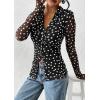 imagePRETTYGARDEN Women Button Down Floral Shirts 2025 Fall Trendy Long Sleeve V Neck Ruched Mesh Boho Blouse Tops Date Outfits01 Dot Black White