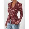 imagePRETTYGARDEN Women Button Down Floral Shirts 2025 Fall Trendy Long Sleeve V Neck Ruched Mesh Boho Blouse Tops Date Outfits01 Dot Burgundy White