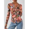 imagePRETTYGARDEN Women Button Down Floral Shirts 2025 Fall Trendy Long Sleeve V Neck Ruched Mesh Boho Blouse Tops Date OutfitsBlack Floral