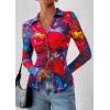 imagePRETTYGARDEN Women Button Down Floral Shirts 2025 Fall Trendy Long Sleeve V Neck Ruched Mesh Boho Blouse Tops Date OutfitsFloral Navy Red