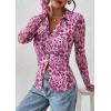 imagePRETTYGARDEN Women Button Down Floral Shirts 2025 Fall Trendy Long Sleeve V Neck Ruched Mesh Boho Blouse Tops Date OutfitsLeopard Purple