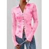 imagePRETTYGARDEN Women Button Down Floral Shirts 2025 Fall Trendy Long Sleeve V Neck Ruched Mesh Boho Blouse Tops Date OutfitsPink