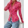imagePRETTYGARDEN Women Button Down Floral Shirts 2025 Fall Trendy Long Sleeve V Neck Ruched Mesh Boho Blouse Tops Date OutfitsPink Red Floral