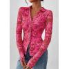 imagePRETTYGARDEN Women Button Down Floral Shirts 2025 Fall Trendy Long Sleeve V Neck Ruched Mesh Boho Blouse Tops Date OutfitsPink Red Floral