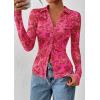 imagePRETTYGARDEN Women Button Down Floral Shirts 2025 Fall Trendy Long Sleeve V Neck Ruched Mesh Boho Blouse Tops Date OutfitsPink Red Floral
