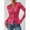 imagePRETTYGARDEN Women Button Down Floral Shirts 2025 Fall Trendy Long Sleeve V Neck Ruched Mesh Boho Blouse Tops Date OutfitsPink Red Floral
