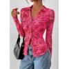 imagePRETTYGARDEN Women Button Down Floral Shirts 2025 Fall Trendy Long Sleeve V Neck Ruched Mesh Boho Blouse Tops Date OutfitsPink Red Floral