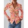imagePRETTYGARDEN Women Button Down Floral Shirts 2025 Fall Trendy Long Sleeve V Neck Ruched Mesh Boho Blouse Tops Date OutfitsRed Pink