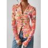 imagePRETTYGARDEN Women Button Down Floral Shirts 2025 Fall Trendy Long Sleeve V Neck Ruched Mesh Boho Blouse Tops Date OutfitsRed Pink