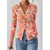 imagePRETTYGARDEN Women Button Down Floral Shirts 2025 Fall Trendy Long Sleeve V Neck Ruched Mesh Boho Blouse Tops Date OutfitsRed Pink