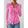 imagePRETTYGARDEN Women Button Down Floral Shirts 2025 Fall Trendy Long Sleeve V Neck Ruched Mesh Boho Blouse Tops Date OutfitsRose Pink