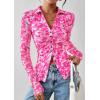 imagePRETTYGARDEN Women Button Down Floral Shirts 2025 Fall Trendy Long Sleeve V Neck Ruched Mesh Boho Blouse Tops Date OutfitsRose Pink