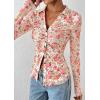 imagePRETTYGARDEN Women Button Down Floral Shirts 2025 Fall Trendy Long Sleeve V Neck Ruched Mesh Boho Blouse Tops Date OutfitsWhite Pink Floral