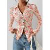 imagePRETTYGARDEN Women Button Down Floral Shirts 2025 Fall Trendy Long Sleeve V Neck Ruched Mesh Boho Blouse Tops Date OutfitsWhite Pink Floral