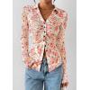 imagePRETTYGARDEN Women Button Down Floral Shirts 2025 Fall Trendy Long Sleeve V Neck Ruched Mesh Boho Blouse Tops Date OutfitsWhite Pink Floral
