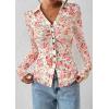 imagePRETTYGARDEN Women Button Down Floral Shirts 2025 Fall Trendy Long Sleeve V Neck Ruched Mesh Boho Blouse Tops Date OutfitsWhite Pink Floral