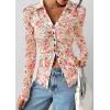 imagePRETTYGARDEN Women Button Down Floral Shirts 2025 Fall Trendy Long Sleeve V Neck Ruched Mesh Boho Blouse Tops Date OutfitsWhite Pink Floral