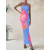 imagePRETTYGARDEN Women Summer Strapless Maxi Dress Bodycon Floral Sexy Long Wedding Guest Dress Formal Tube Mesh Cocktail DressesBlue Pink Floral