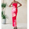 imagePRETTYGARDEN Women Summer Strapless Maxi Dress Bodycon Floral Sexy Long Wedding Guest Dress Formal Tube Mesh Cocktail DressesRed Pink Flower