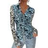 imagePRETTYGARDEN Women Button Down Floral Shirts 2025 Fall Trendy Long Sleeve V Neck Ruched Mesh Boho Blouse Tops Date OutfitsZebra Blue Black