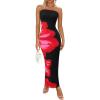 imagePRETTYGARDEN Women Summer Strapless Maxi Dress Bodycon Floral Sexy Long Wedding Guest Dress Formal Tube Mesh Cocktail DressesBlack Red Flower