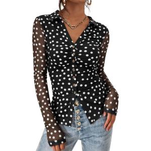 imagePRETTYGARDEN Women Button Down Floral Shirts 2025 Fall Trendy Long Sleeve V Neck Ruched Mesh Boho Blouse Tops Date Outfits01 Dot Black White
