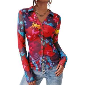 imagePRETTYGARDEN Women Button Down Floral Shirts 2025 Fall Trendy Long Sleeve V Neck Ruched Mesh Boho Blouse Tops Date OutfitsFloral Navy Red