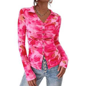 imagePRETTYGARDEN Women Button Down Floral Shirts 2025 Fall Trendy Long Sleeve V Neck Ruched Mesh Boho Blouse Tops Date OutfitsFloral Pink