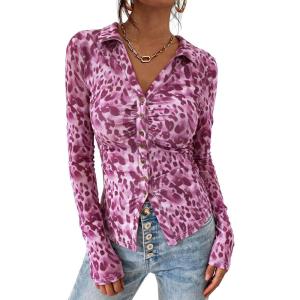 imagePRETTYGARDEN Women Button Down Floral Shirts 2025 Fall Trendy Long Sleeve V Neck Ruched Mesh Boho Blouse Tops Date OutfitsLeopard Purple